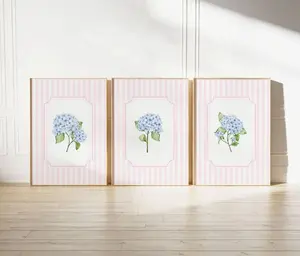 Trendy pink and blue hydrangea wall art Striped floral prints Coastal granddaughter decor Aesthetic Grandmillennial Vintage cottagecore art