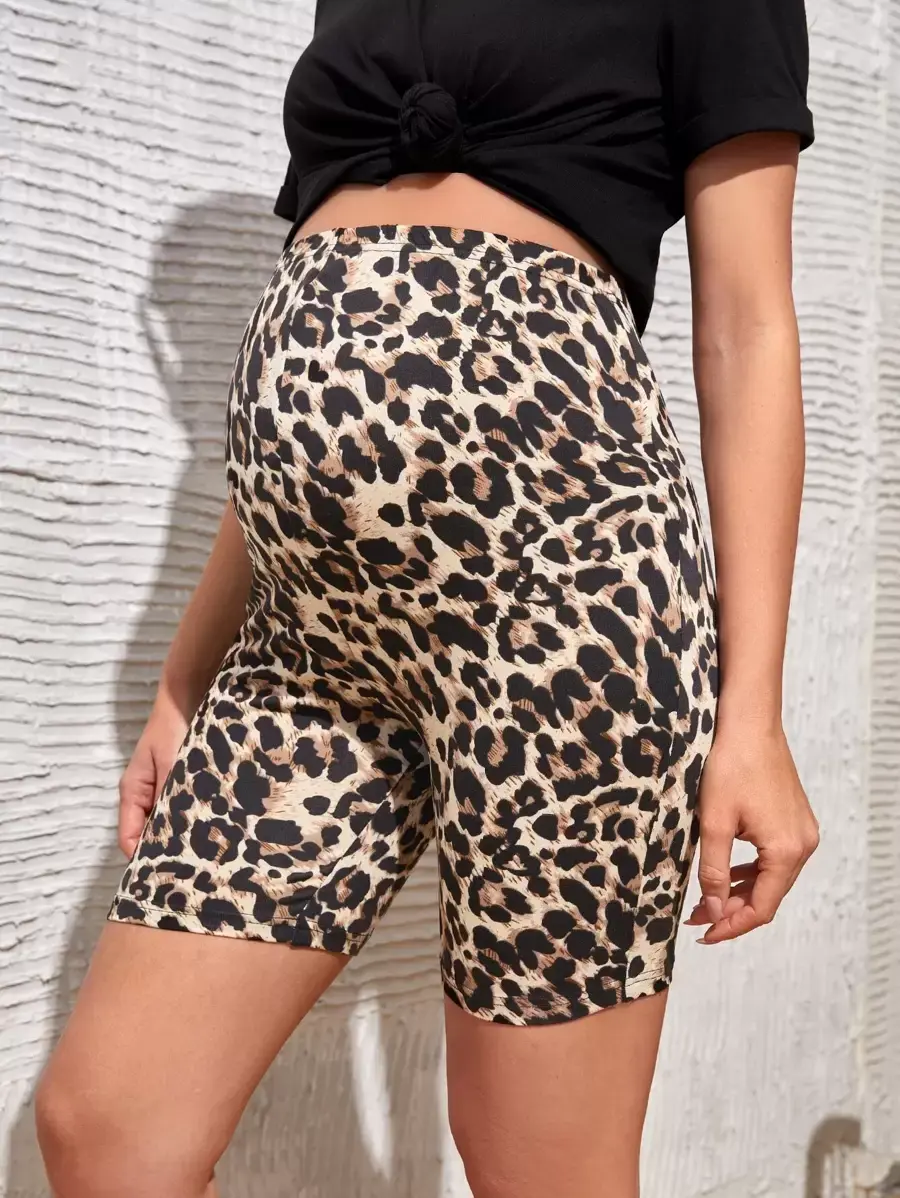Women's Maternity Leopard-Print Biker Shorts, Stretchable Comfort Maternity Clothing for Expectant Mothers