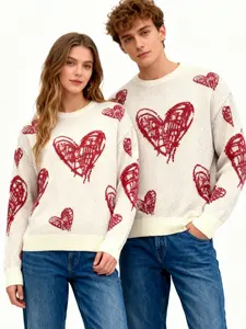 2026 New Men's Fall Outfit: Heart Intarsia Sweater, Knitted Fabric for Warmth & Comfort, a Versatile Couple's Crew Neck Sweater, Heart Print Pullover for Fall/Winter, Valentine's Day, Chinese New Year, Dating & Commute