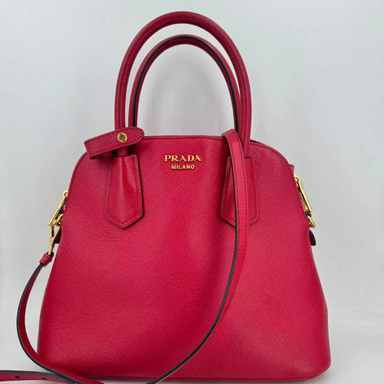 Pre-owned PRADA leather Crossbody Bags Red Saffiano Medium Dome Satchel Bag