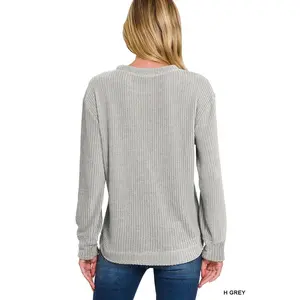 Zenana Women's Chenille Waffle Round Neck Sweater - Grey