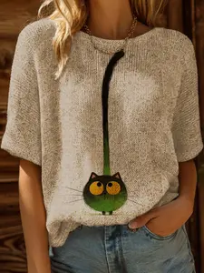 Spring Summer Knit Top, One Shoulder Short Sleeve, Color Block Gradient Cat Print, Casual Elegance Commute Wear, Boho Beach Style, Bohemian