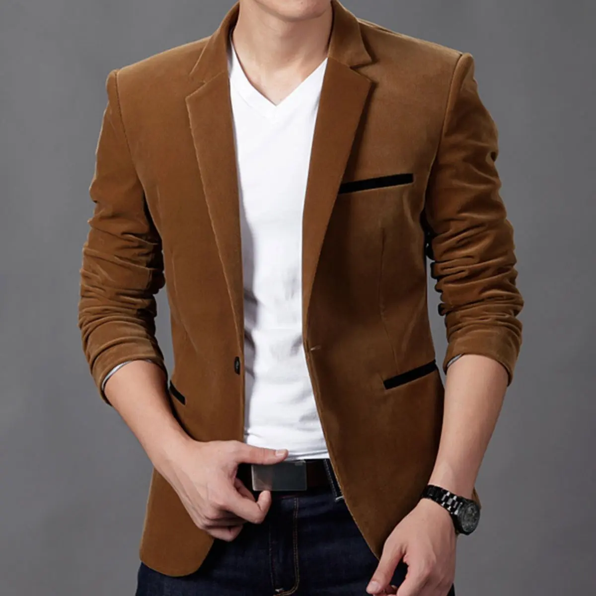 Men's Slim-Fit Corduroy Blazer - Longsleeves Solid Color Single-Button Machine-Washable Regular Leisure Garment with Contrast Stitch Patch Pockets, Hem, Premium Fabric for Autumn Business Clothes