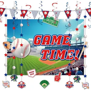 HonuGoGo Baseball Party Decorations, 33PCS Set with Game Time Backdrop, Paper Banners, Hanging Swirls and Cutouts, Red Blue White Baseball Themed Decor for Sport Events and Birthday Celebrations