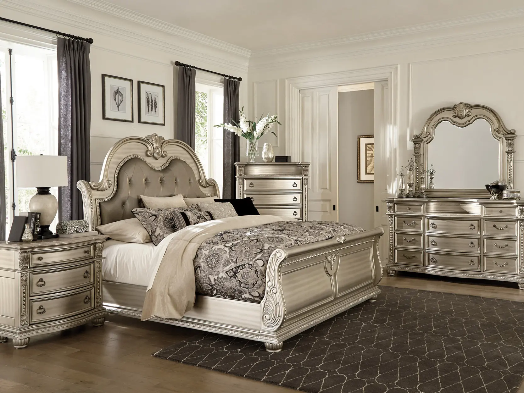 Homelegance Astoria Grand Cavalier 1757SV-4PC Ornate Silver Wood Sleigh Bedroom Furniture Set - 4-Pc Set with Dresser, Drawer, Nightstand