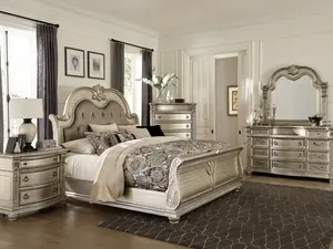 Homelegance Astoria Grand Cavalier 1757SV-4PC 4-Pc Ornate Silver Finish Wood Bedroom Set with Sleigh Design & Elegant Finish
