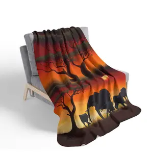 African Sunset Elephant Fleece Sherpa Blanket | Safari Herd Landscape