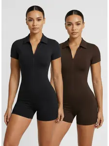 Black Polo collar half-zip short-sleeve jumpsuit, Sporty Jumpsuit, casual hot girl style, slim and figure-flattering, suitable for daily commute, going out, vacation and sports.