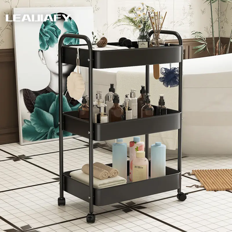 LEAIJIAFY Sturdy 3-Layer Metal Storage Rack, Upgraded Thick Carbon Steel Organiser (41.5x74cm Single Unit) with Swivel Wheels, Mesh Shelves, Towel Hooks, Waterproof Smooth Paint, Easy-Install Tool Kit, Stylish Tones, Fits Tight Corners (Bathroom, Kitchen)