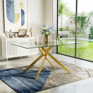 51Inch Clear Tempered Glass Dining Table, Modern Gold Metal Legs Stylish Dining Table for Dining Room Kitchen Small Space, Golden