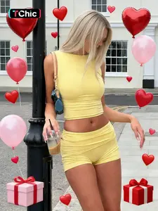 Women's Sexy Slim-Fitting Crop Top & Short Pants Set, Plain Pattern, Comfortable Valentine's Day, Casual Fashion