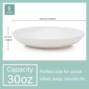 MALACASA Pasta Bowls, Porcelain Salad Bowls Set of 6, 30oz Large White Serving Bowls, Soup Bowls Tableware Classic
