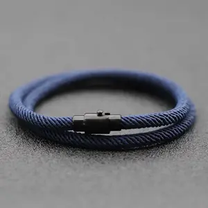 Men's Double Wrap Bracelet Navy Blue Milan Rope Cord Wristband Matte Black Alloy Magnetic Clasp Unisex Minimalist Surf Beach Nautical Jewelry Layering Cuff