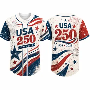 2026 USA 250 Patriotic White Button Down Baseball Jersey for Men, Red Blue Flag Wave Star Graphic, 1776 2026 Anniversary Print, Short Sleeve Baseball Top for July 4th Game Day Outfit