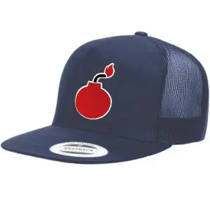BH2_NAVY BOMB Flat Bill Navy Snapback Trucker Hat with Red Bomb Logo Graphic Adjustable Sizing Closure Structured Five Panel Design