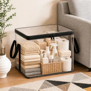 Stuffed Animal Storage PVC Organizer Bag Doll Storage Container Dustproof Box with Carrying Handle for Playroom Living Room Children's Birth, Black