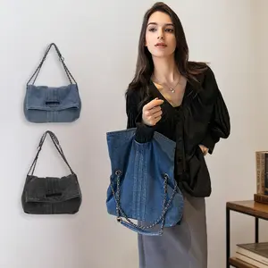 Women's Denim Shoulder Bag Stylish Large Capacity Underarm Purse with Chain Strap for Party