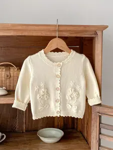 Autumn Winter Children Hand Hooked Floral Sweater Knit Cardigan, Unisex Baby Outerwear, Baby Girl Clothes, Essential Simple Design for Boys and Girls