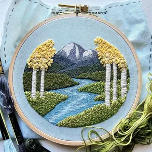 DIY Aspen tree landscape hand embroidery kit, intermediate mountain embroidery project