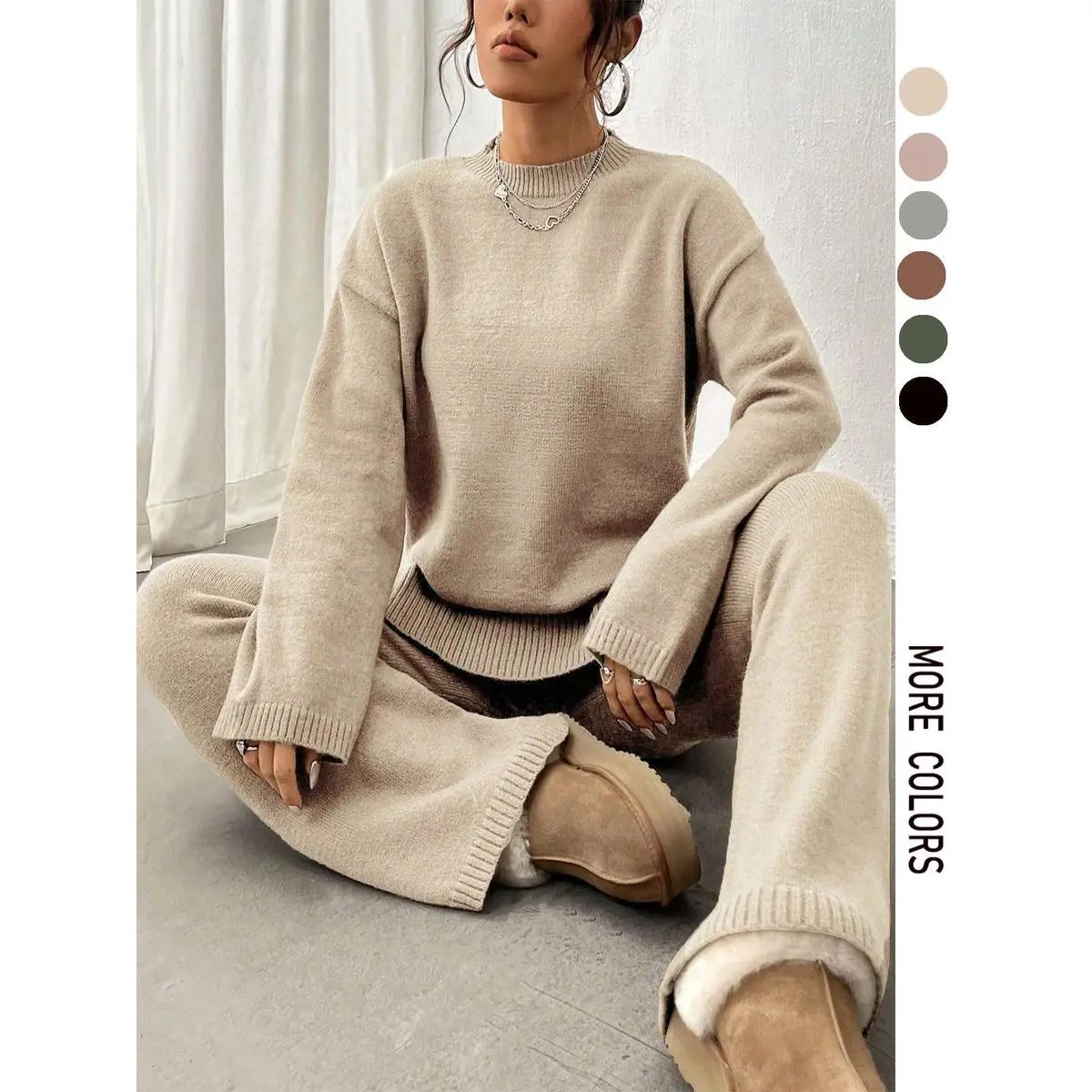 2026 [Plus Size] Two-Piece Set Solid Mock Neck Drop Shoulder Split Hem Sweater & Straight Leg Pants, Casual Fashion Cozy Knitwear for Daily Outdoor Wear, Women Clothing Fall & Winter, Soft Touch, Fall Layer