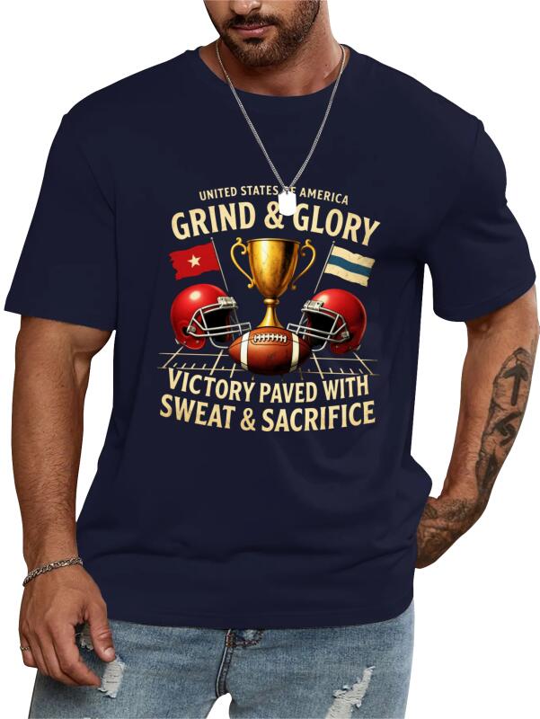Men's 100% Cotton American Football "Grind & Glory" T-Shirt | Victory Paved With Sweat & Sacrifice | Vintage Game Day Streetwear