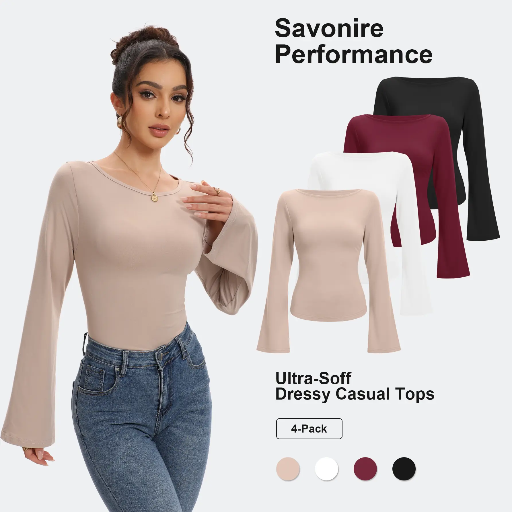 4 Pack Women‘s Bell Sleeve Tops Trendy Boat Neck Slim Fit Top Cute Sexy Garment Friendly Red Shirts, Fall Outfits, Fashion Clothing Y2K Cropped Going Out Classy Tops Clubbing Tops Trendy Plain Red T Shirts Fall Clothing for Women sohochic tiktokshopbackto