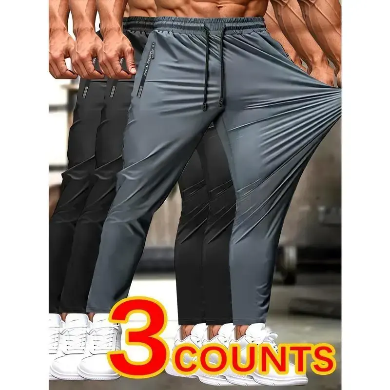 3pcs Men'S High Elasticity Breathable Pants, Casual Style with Drawstring Waist, Letter Pattern, Zippered Pockets, for Fitness Jogging Cycling - Nylon Knit Fabric, Low Waist, 9/10 Length 3pcs Men'S High Elasticity Breathable Pants, Casual Style with Drawstring Waist, Letter Pattern, Zippered Pockets, for Fitness Jogging Cycling - Nylon Knit Fabric, Low Waist, 9/10 Length