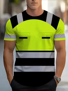 Men's Casual Sporty Colorblock Mock Electrician Workwear Pattern T-Shirt, Breathable Round Neck, Summer Top
