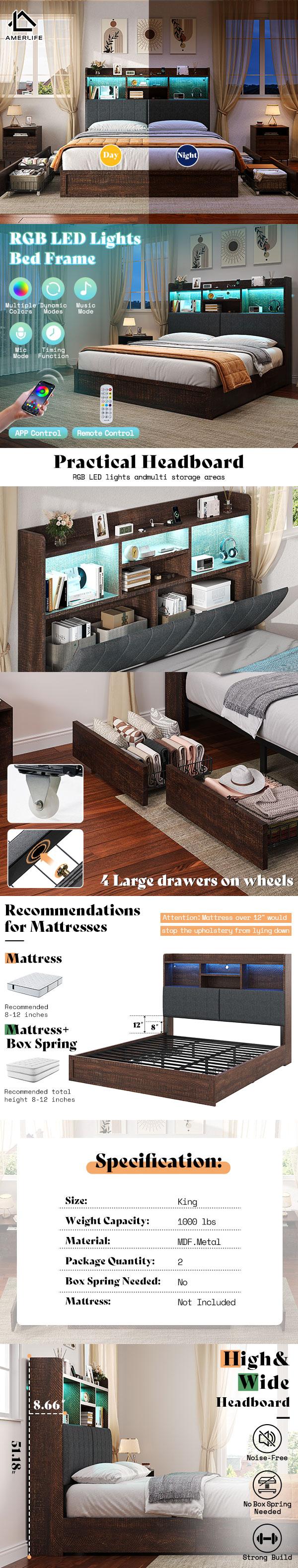 AMERLIFE Platform Bed with 4 Storage Drawers, LED Bed Frame with Bookcase Headboard, Linen Upholstered, Charging Station & Hidden Storage Area