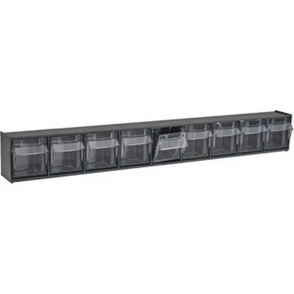 Quantum Storage Systems 9 Compartment Gray Small Parts Tip Out Stacking Bin Organizer 23-5/8" Wide x 3-1/8" High x 2-1/2" Deep, Polystyrene Frame, 2-3/16" Bin Width x 2-1/2" Bin Height x 1-3/4" Bin Depth QTB 309 GRAY