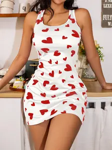 Vintage Heart Print Milk Silk Women's Camisole Sleeveless Nightgown, Elegant Casual Sleepwear & Loungewear for Ladies, Soft, Comfortable, Stylish & Chic Fitted straplessdress