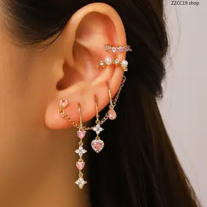 Coquette Pink Heart Earring Set, Fairycore Gold Chain Ear Stacking Jewelry