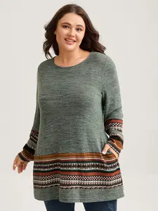 【Summer Turn-Up】BlOOMCHIC Plus Size Tunic Boho Print Pocket T-shirt Fit Long Sleeve Top Womenswear Fabric Garment Flat Rayon Tshirt Summer callie hart [M-6X] 2026 Summer Pick for Mother's Day