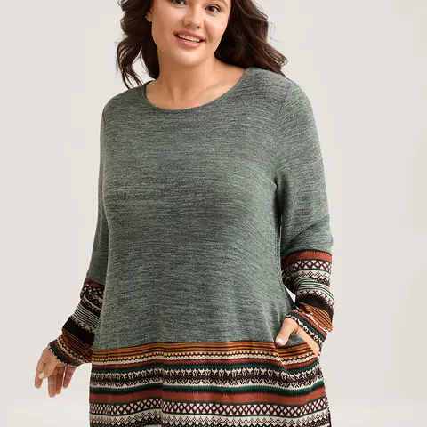 BloomChic Women's Plus Size Lady's Boho Print Long Sleeve Round Neck Rayon Fabric Garment Tunic Top - Loose Fit, Contrast Patch Pockets, Casual Flat Back to School Shirt, M-6X