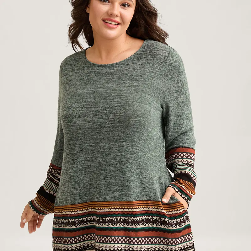 BloomChic Women's Plus Size Lady's Boho Print Long Sleeve Round Neck Rayon Fabric Garment Tunic Top - Loose Fit, Contrast Patch Pockets, Casual Flat Back to School Shirt, M-6X