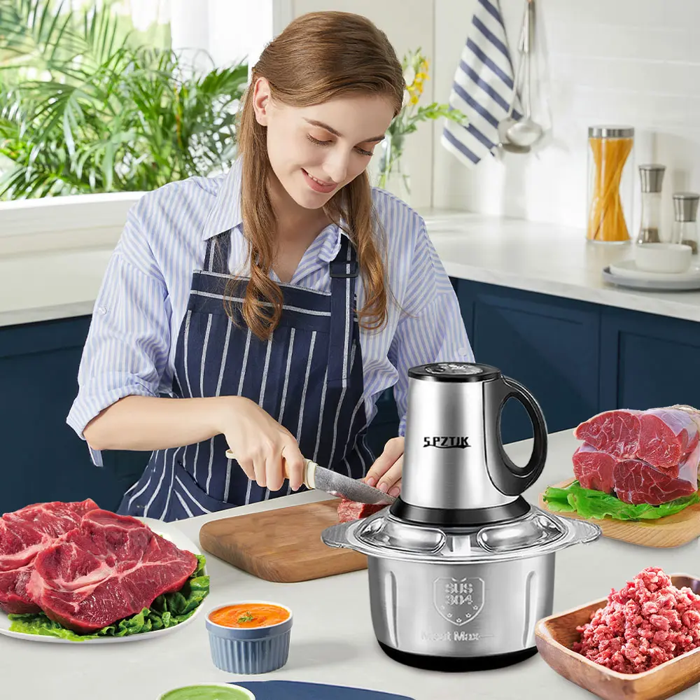High Power Food Processors, Electric Meat Grinder, Stainless Steel Meat Blender Food Chopper for Meat, Vegetables, Fruits and Nuts with 2 Sets Bi-level Blade, with 2 Bowls for Home and Kitchen Use