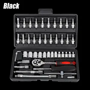 46 Pieces Black Automotive Ratchet Wrench Tool Set 1/4 inch Drive Socket Ratchet Wrench Set with Bit Socket Set Metric and Extension Bar for Car Repair,  Bicycle, Motorcycle Repair Maintenance & Mechanics Tool Kit for Professional and Home Use