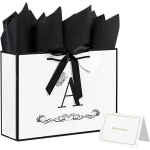 Initial  Bag with Bow Ribbon 13" Large  Black and White Personalized Monogrammed Paper Bag with Cards Tissue Paper Elegant Memorial Day Anniversary Present Happy Birthday Present for Women Men (A)