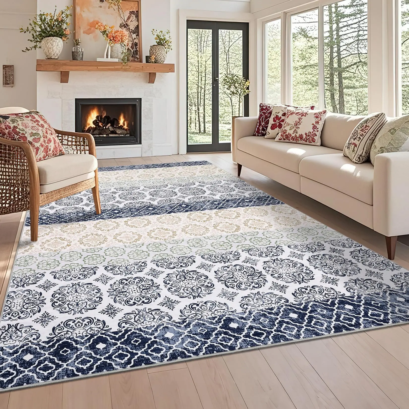 Garvee Farmhouse Area Rugs 5x7 Ultra-Soft Throw Rugs, Non-Shedding Oriental Tribal Print Accent Carpet, Machine Washable Low Pile Floor Cover, Easy to Clean, for Living Room, Bedroom, Blue