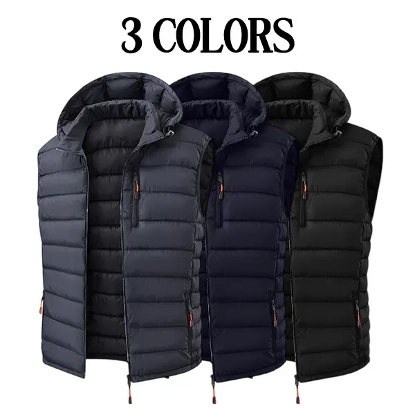 Men’s Winter Hooded Thick Insulated Polyester Pull-On Sleeveless Waistcoat - Menswear Tops, Multiple Zip Pockets, Sport Casual Outdoor Layering,sohochic