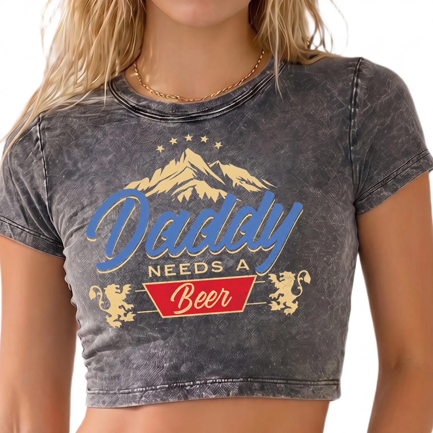 Women's Vintage Washed Cotton Crop Top - Trendy Graphic "Daddy Needs A Beer" Slim Fit Short Sleeve Tee - Retro Acid Wash Streetwear Essential for Summer