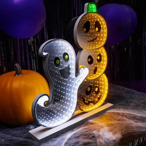 15.25" Halloween Happy Ghost & Jack-O'-Lantern Plastic Infinity Light, Spooky Party Decoration, Halloween Outdoor Holiday Decoration for Lighting Up Your Space