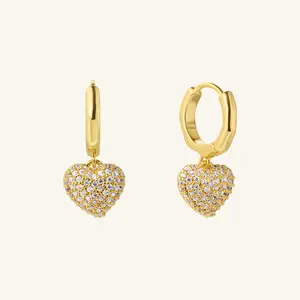 Crafted CZ Pavé Heart Huggie Earrings 18K Gold Plated Cubic Zirconia 13.5mm Hoop Diameter 4-5g Weight