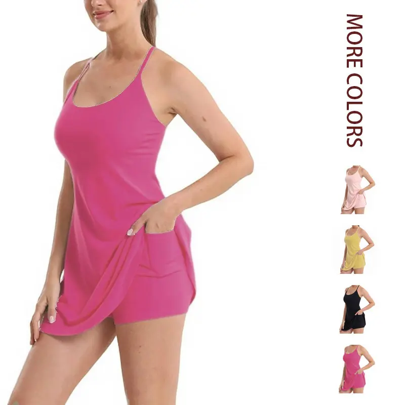 Women's Tennis Dress Spaghetti Strap U Neck Built-in Shorts Athletic Workout Dress with Pockets Lightweight Casual Golf Sport Skort Dress Summer Activewear
