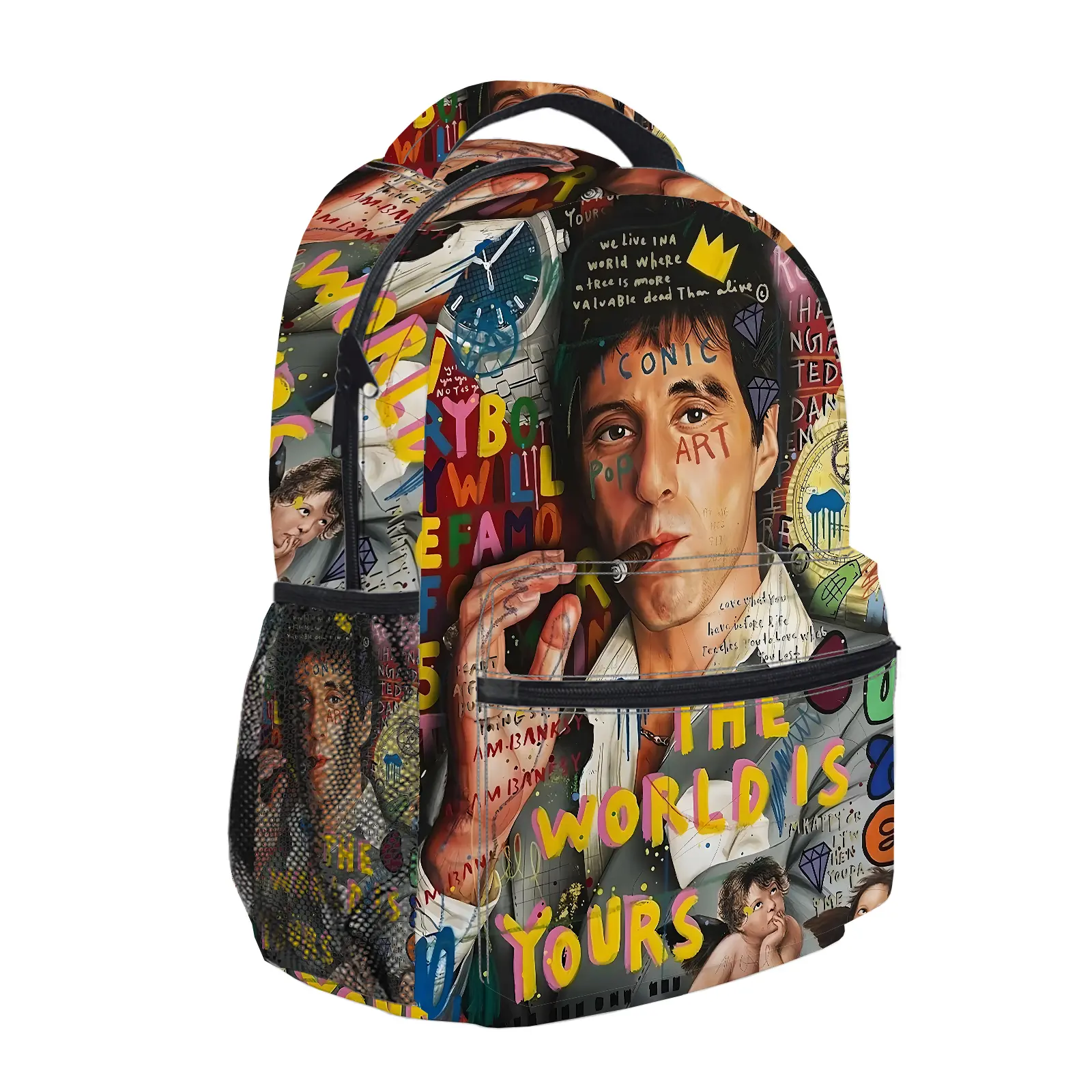 Scarface Y2K Aesthetic Backpack for Girls, Cute Cartoon Girl Printed School Bag for Teens, Large Capacity Bookbag with Mesh Side Pockets, Lightweight Casual Travel Daypack for Back to School e-158