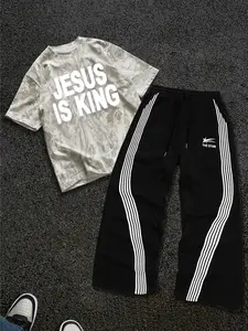 Jesus Is King Graphic Tee and Striped Pants Set, Camo Print Urban Fashion for Fall and Winter, Stylish Streetwear for Men and Women