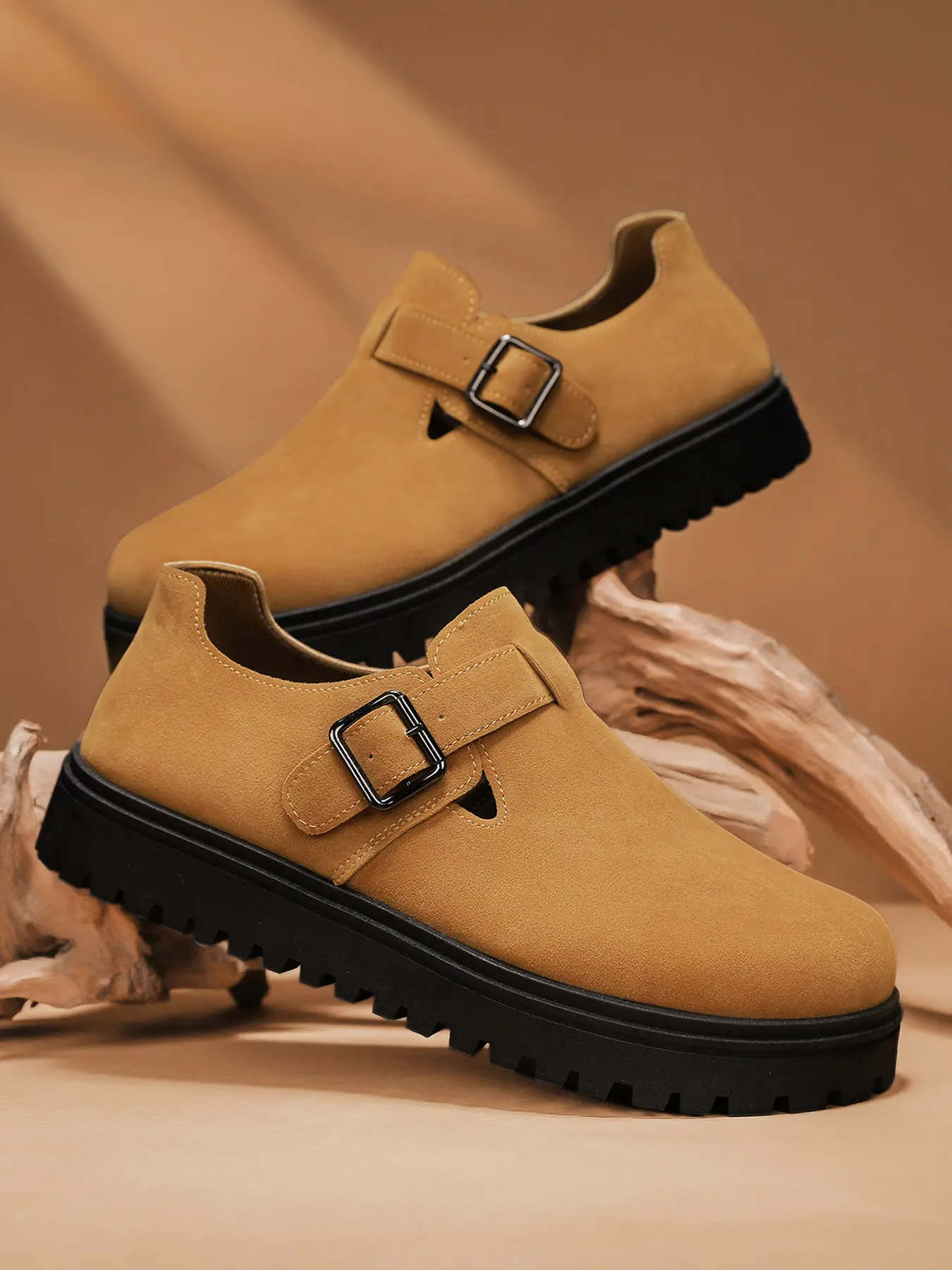 Men's Yellow-Brown Suede Buckle Platform Casual Shoes, Casual Fashion Shoes, Soft & Comfortable, Height-Increasing & Anti-Slip, Wear-Resistant & Durable, Versatile Daily Commute Shoes, Walking Shoes, Footwear