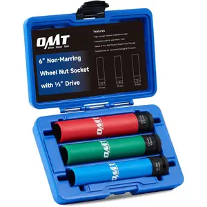 Orion Motor Tech Lug Nut Socket Set, 3pc 1/2" Drive Extra Long Impact Sockets with 17mm 19mm 21mm Metric Sockets, 6" Thin Wall Wheel Lug Nut Deep Sockets with Colored Protective Covers & Carry Case