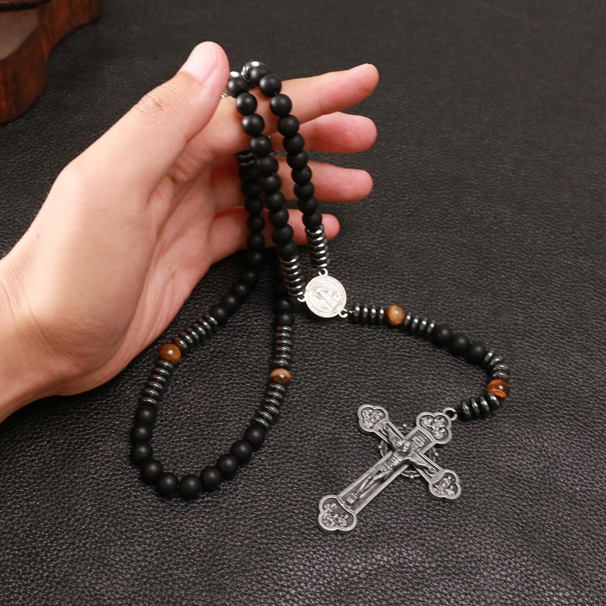 Large Heavy Rosary,rosary beads catholic for men,black rosary Necklace for men and women with medal & cross,black beads with St.Benedict  osarios catolicos Cross Necklace Catholic Gifts