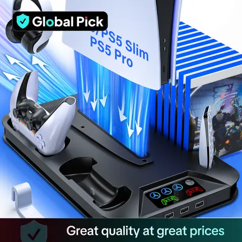 ZRZLMVP PS5 Cooling Stand Console Accessory, Vertical Charging & Cooling Base Station with Controller Charging Station, USB Power, Game CD Storage Rack for PS5 Standard/Slim/Pro Disc&Digital Consoles